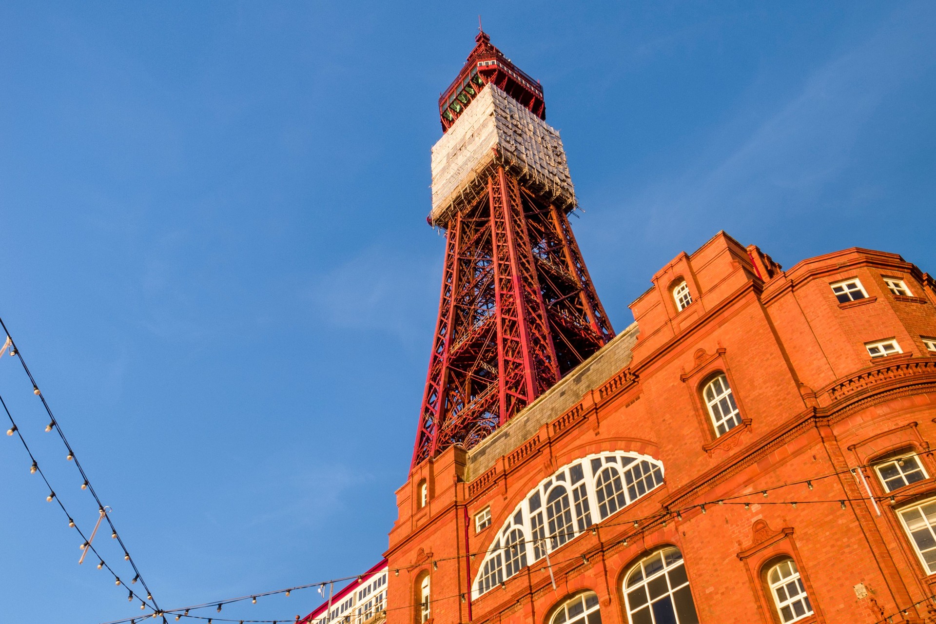 Blackpool Tower with scaffolding at sunset